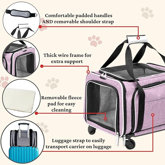 Airline Approved Expandable Premium Pet Carrier on Wheels- Two Sided Rolling Carrier- Designed for Dogs & Cats- Extra Spacious Soft Lined Carrier! - Pink (RL-PET-CARRIER-WHEELS)