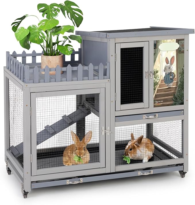 Wood Rabbit Hutch with Balcony - Small Animal House Bunny Cage on Wheels for Indoor Outdoor, Rabbit Cage Included Ramp, Pull Out Tray, (Grey with Pattern)