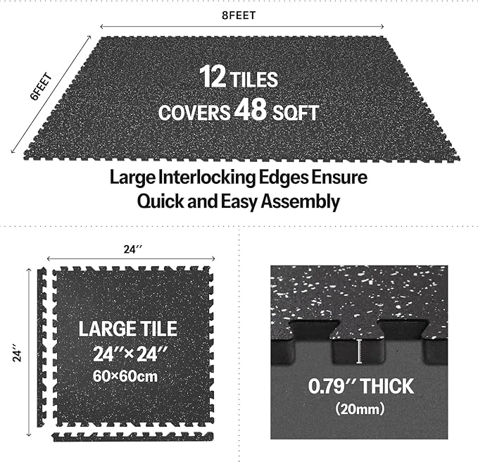 AIRHOP 0.79in Thick 48 Sq Ft Exercise Equipment Mats, 12 Tiles Upgraded Rubber Top with High Density EVA Foam, Large Interlocking Puzzle Gym Flooring for Home Gym, Heavy Weight Workout,Black & White