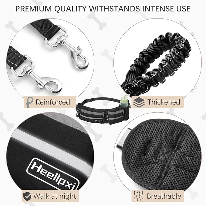 Hands-Free Waist Leash with Pouch for Two Dogs: Reflective Stitching, Dual Handle & Bungee Retractable Design – Ideal for Medium to Large Dogs (Grey) – Dog Walking Accessories