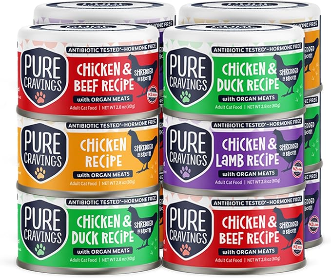 Chicken Recipe in Broth, Shredded Wet Cat Food, Variety Flavor Pack: Chicken, Lamb, Duck, Beef; Grain-Free Protein, Non-GMO
