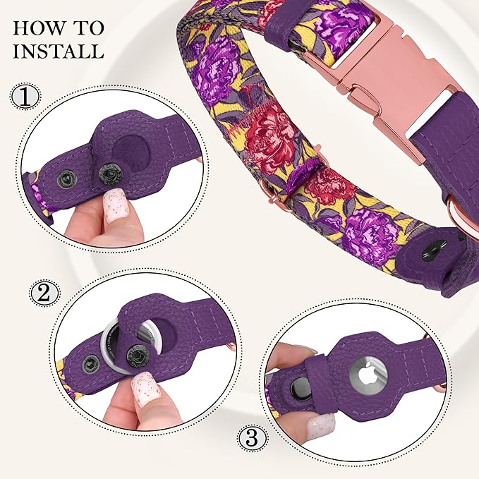 AirTag Dog Collar for Small Medium Large Breed - Adjustable Cute Pattern Dog Collar with Airtag Holder - Soft Leather Tracker GPS Apple Air Tag Pet Collars (X-Small, 9"-12" Neck Fit, Peonies)