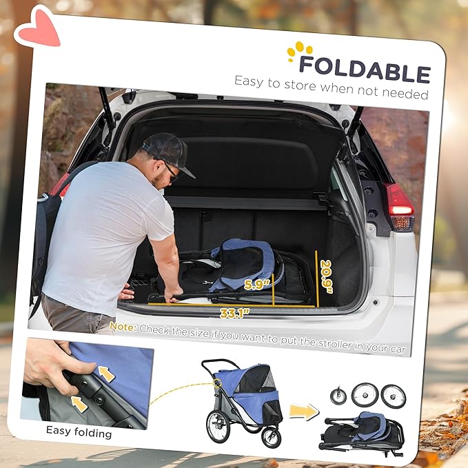 PawHut Dog Stroller, Pet Stroller 3 Wheels with Easy One-Hand Fold, Rubber Wheels, Storage Bag, Soft Cushion, Safety Leash, for Small & Medium Dogs, Blue