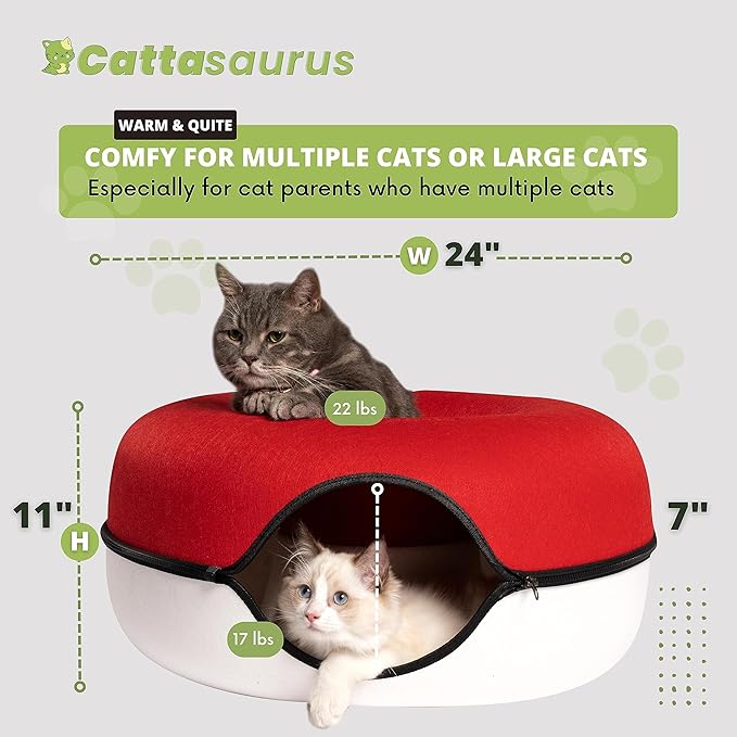 CATTASAURUS Peekaboo Cat Cave for Multiple & Large Cats Up to 30-45 Lbs, Scratch Detachable & Washable Tunnel Bed, Comfy Donut Cat Cave (Ruby Snowball, Large)