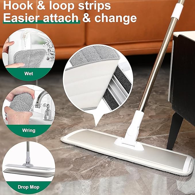 18" Professional Microfiber Mop Floor Cleaning System, Flat Mops with Stainless Steel Handle, 4 Reusable Washable Mop Pads, Wet and Dust Mopping for Hardwood, Vinyl, Laminate, Tile Cleaning (White)