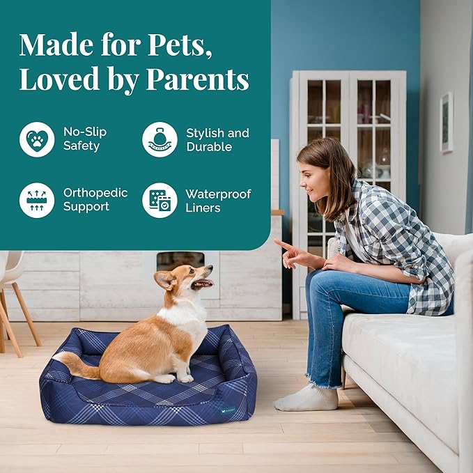 Orthopedic Bolster Dog Bed – CertiPUR-US Foam, Recycled Polyester Canvas, Washable Cover, Anti-Slip Bottom, Medium, Navy Plaid – Stylish Designer Dog Sofa