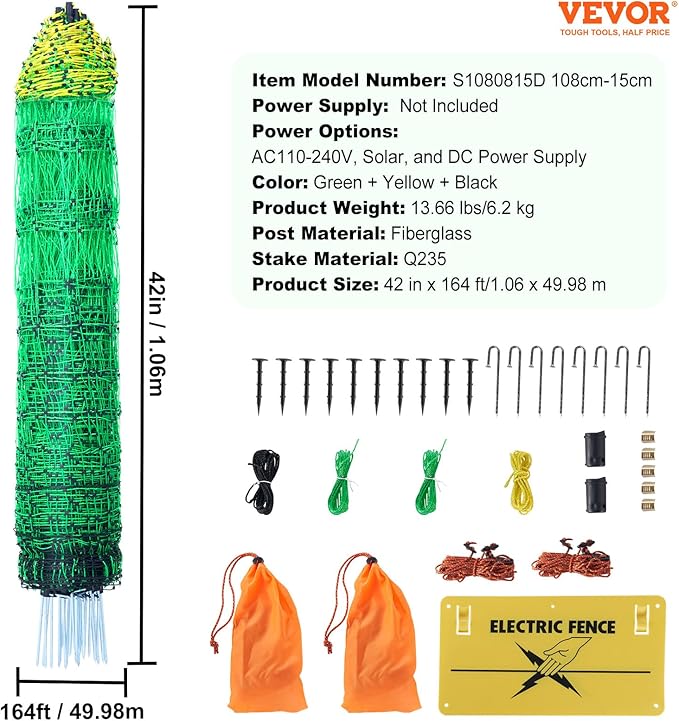 VEVOR Electric Fence Netting, 42"H x 164'L, PE Net Fencing with Posts and Double-Spiked Stakes, Utility Portable Mesh for Goats, Sheep, Lambs, Deer, Hogs, Dogs, for Farms, Backyards and Ranches