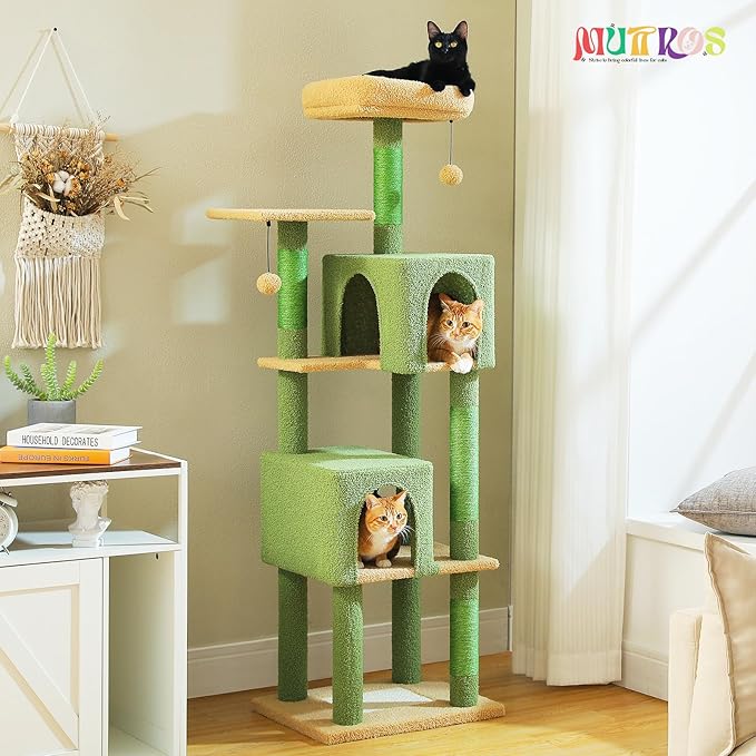 Cactus Cat Tree, 62-Inch Tall Multi-Level Cat Tower with Scratching Posts, Cat Condos for Large Indoor Cats, Plush Cat Bed w/Padded Perches, Scratching Pad & 2 Green Pompoms, Green