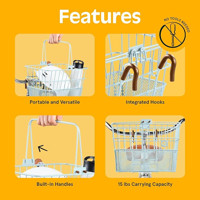 Retrospec Apollo Detachable Front Bike Basket Steel Half-Mesh with Integrated Detachable Hooks and Built-In Handle, Easy Assembly and Portability for Bicycles