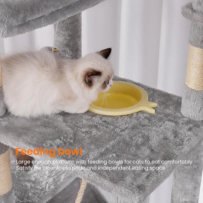 Heybly Tall Cat Tree, 78-inch Multi-Level Cat Tower for Indoor Cats, 2 Widened Plush Perches Cat Condo with Scratching Board and Big Caves, Light Gray HCT033W