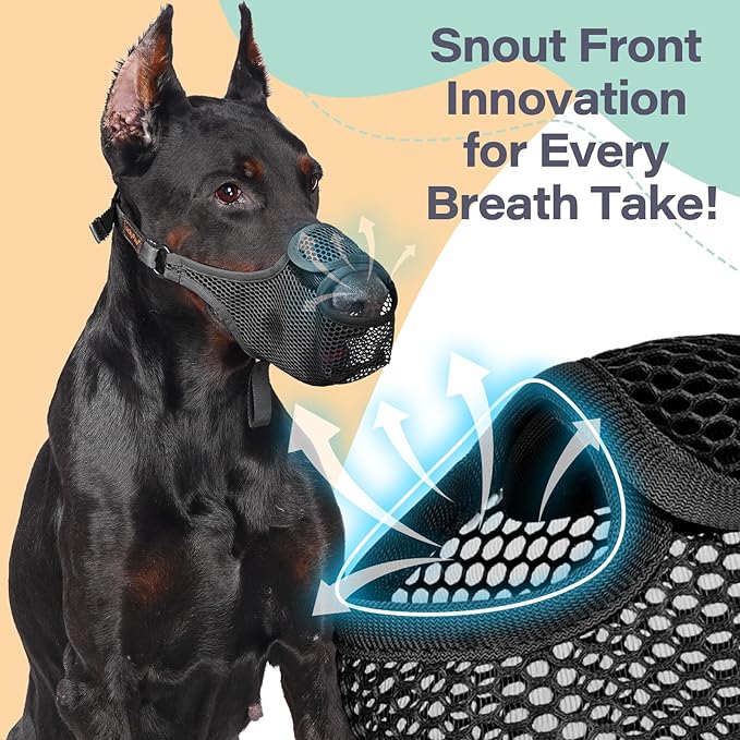 LUCKYPAW Dog Muzzle for Large Medium Small Dogs, Patented Mesh Muzzle to Prevent Biting Chewing Eating, Soft Mouth Guard with Front Opening Design for Drinking Panting(Black, XS)