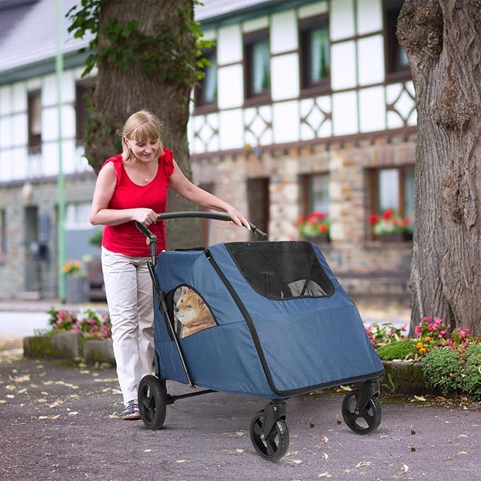 Large Dog Travel Stroller with 4 Heavy Duty Wheels Pet Stroller with Adjustable Handle - Double Doggie Capacity Jogger Wagon with Back Front Door for Small Medium Large Dogs (Navy-C)