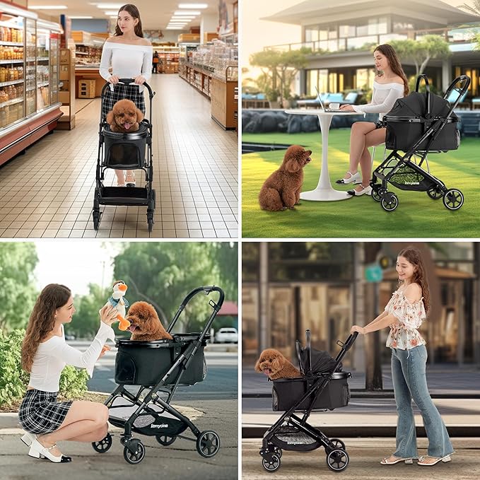 Kenyone 3-in-1 Pet Stroller for Small Medium Dogs Puppy Cat Stroller with Detachable Carrier & Pad Lightweight Foldable Aluminum Alloy Frame Dual No-Zip Entry(Black)