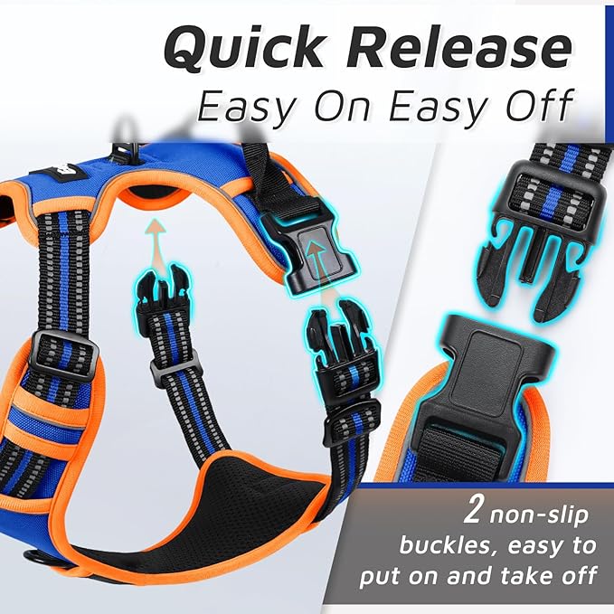 Eagloo Dog Harness for Large Dogs, No Pull Service Vest with Reflective Strips and Control Handle, Adjustable and Comfortable for Walking, No Choke Pet Harness with 2 Metal Rings, Blue & Orange, L