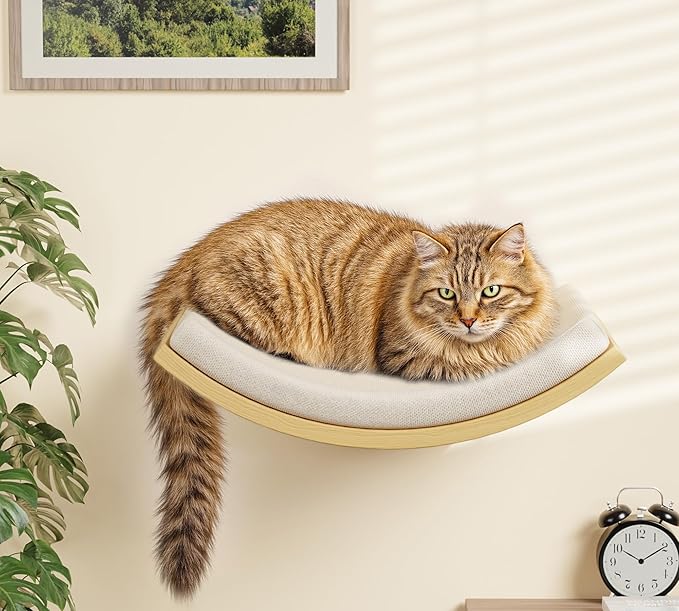 Wood Cat Wall Shelf with Soft Foam Cushion, Curved Cats Wall Bed for Large Cats, Floating Cat Perch for Sleeping & Climbing
