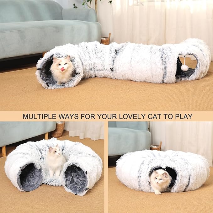 Cat Tunnel with Cat Bed for Indoor Cats, Soft Plush Peekaboo Cat Cave Donut Tunnel, Multifunctional Playground Toys Hideplace for Small Medium Large Kittens, Rabbit, Ferret