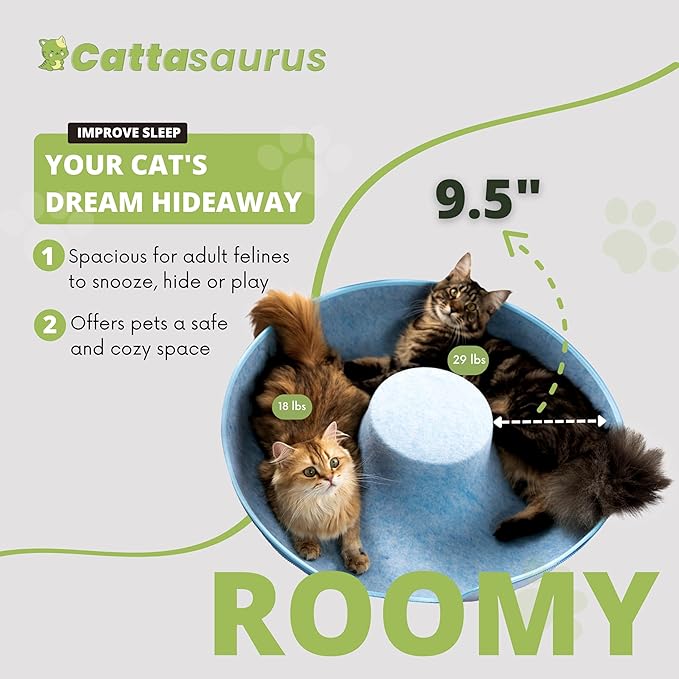Cattasaurus Peekaboo Cat Cave for Multiple & Large Cats Up to 30-45 Lbs, Scratch Detachable & Washable Tunnel Bed, Comfy Donut Cat Cave (Blue, Jumbo)