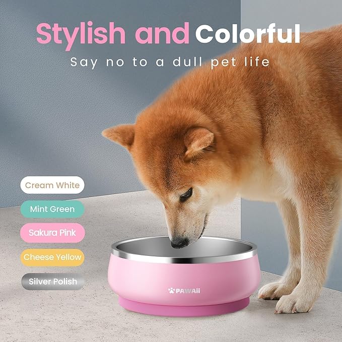 Pawaii Insulated Stainless Steel Dog Bowl with Non-Slip Base & Double Wall Design, ID Tag Included - 68oz Durable Dishwasher Safe Bowl for All Dogs