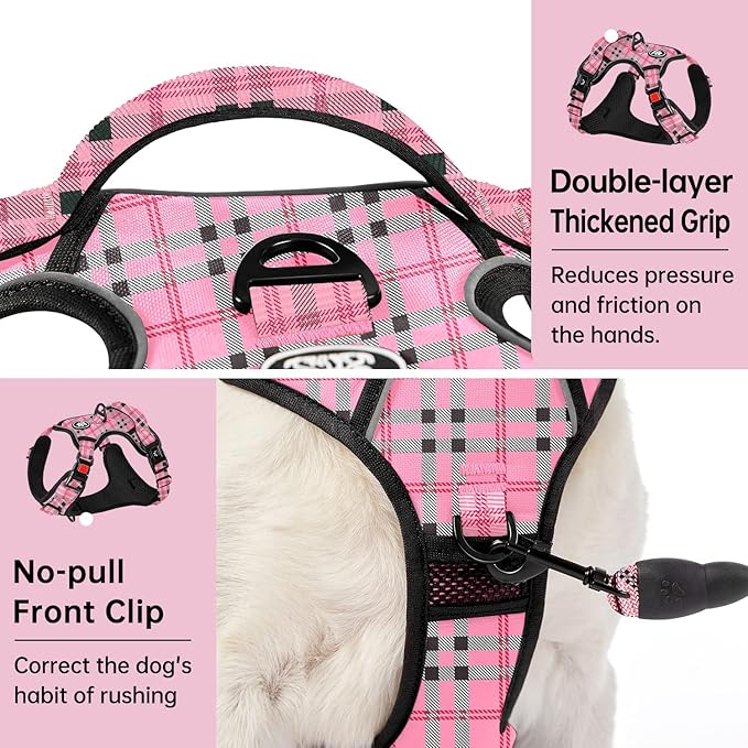 IVY&LANE No Pull Dog Harness with Leash Set, Reflective No Choke Pet Vest,Adjustable Oxford Dog Vest Harness with Easy Control Handle for Medium Lagre Dogs (Checkered Pink,M)