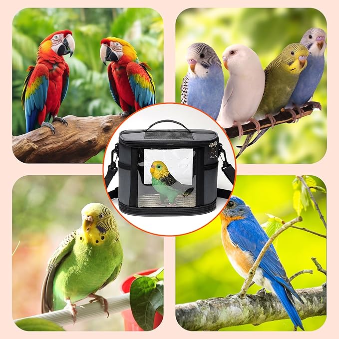 Bird Travel Carrierm, Small Bird Travel Backpack Carrier Cage with Tray and Breathable Clear Window, for Parakeet Cockatiel Budgies, for Camping Hiking (Large-White)