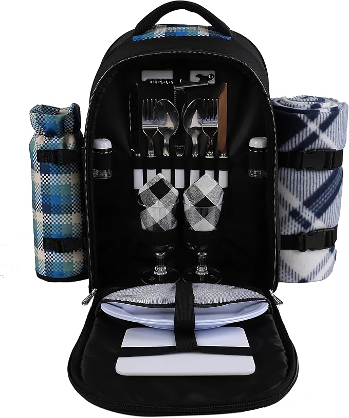 apollo walker Picnic Backpack Bag for 2 Person with Cooler Compartment, Detachable Bottle/Wine Holder, Fleece Blanket, Plates and Cutlery Set
