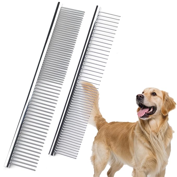 Dog Comb to Remove Tangles and Knots, Cat Comb with Stainless Steel Teeth and Non-Slip Handle, Dog combs for grooming matting for Long Haired Pets (Large & Small)