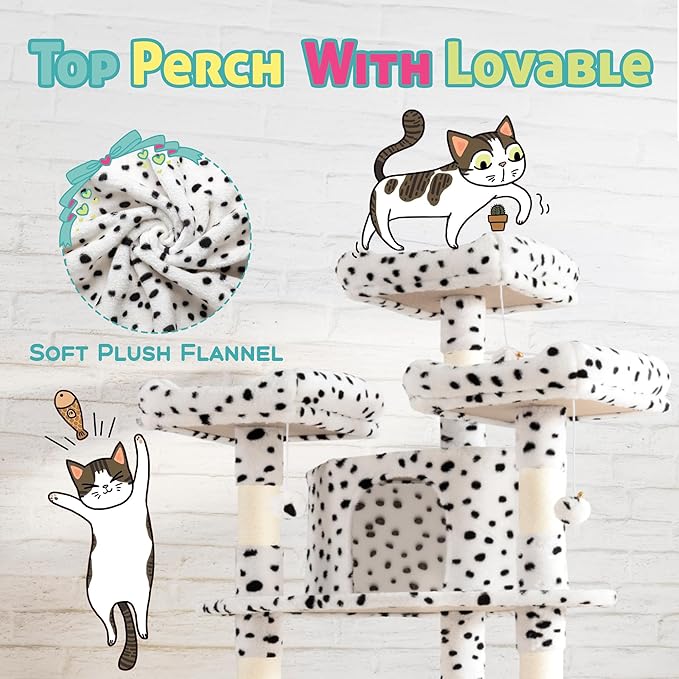 SHA CERLIN 73in Fan-Shaped Corner Cat Tower for Save Space/Multi-Level Tall Tree for Indoor Kitties/Condo with Baskets/Cozy Perches/Sisal Scratching Posts/Pet Activity House/White & Black Spot