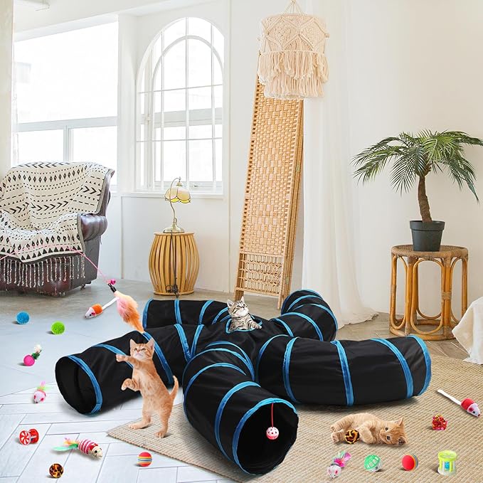 Poen 21 Pcs Cat Tunnel for Indoor Set Collapsible 5 Way Tubes with 20 Pcs Cat Kitten Toys Interactive Feather Toy Mouse Crinkle Balls Tube for Puppy Kitten Rabbit(Blue Black)