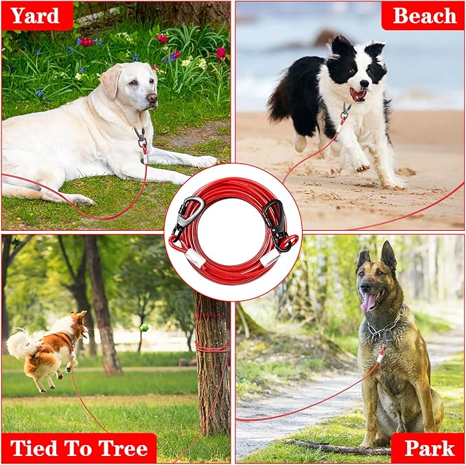 Red Chew Proof 30FT Dog Tie Out Cable, Heavy Duty Dog Lead for Yard & Camping