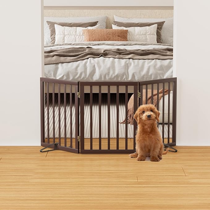 Brown 18-55" Wide Dog Gate, Bamboo Freestanding Pet Gates for Dogs, Puppy Fence