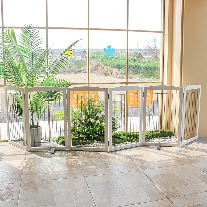 ZJSF Freestanding Dog Fence Indoor, Foldable Dog Gate for Doorways, Stairs or Hallways, Sturdy Wood Extra Wide Pet Gate with Support Feet for The House, White, 32 "Height-6 Panels