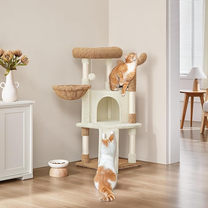 Yaheetech Cactus Cat Tree, 42in Cat Tower for Indoor Cats, Multi Level Kitten Condo Scratching Post, Pet Activity Center Furniture w/Ball, Plush Perch, Platform, Basket, Beige/Brown