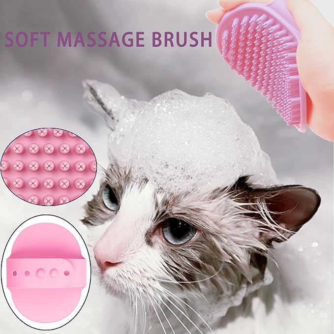 Cat Grooming Brush Kit 6 Tools - Deshedding & Dematting for Long/Short Hair, Self-Cleaning Slicker Brush with 6-in-1 Flea Comb for Cats & Kittens (Pink)