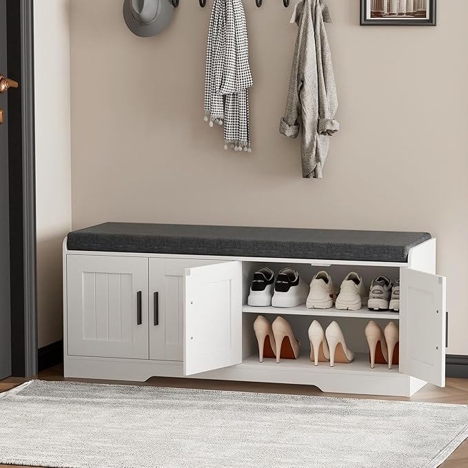 2-Tier Storage Bench, Shoe Bench with Thickened Padded Seat Cushion, Entryway Bench with 4 Doors, Adjustable Shelf, 13.8" D x 45.3" W x 18.5" H, for Entryway, Living Room, Bedroom, White