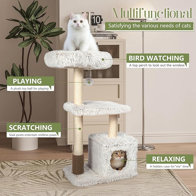 KAMABOKO 41" Tall Modern Cat Tree - Wooden Cat Tower with Cat Condo, Hammock & Top Perch, Cute Wood Cat Tree Natural Sisal Posts for Climb Scratch Play Rest