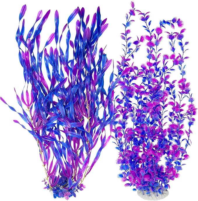 Hamiledyi Tall Aquarium Plants 23 Inches - Fish Tank Decorations, Artificial Green Water Plants Grass Cluster, Soft Plastic Fake Decor 2PCS（Purple Style C）