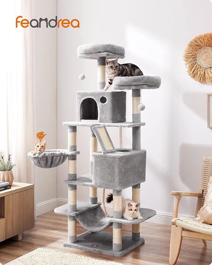 Feandrea Cat Tree, 66.1-Inch Large Cat Tower with 13 Scratching Posts, 2 Perches, 2 Caves, Basket, Hammock, Pompoms, Multi-Level Plush Cat Condo for Indoor Cats, Light Gray UPCT165W01