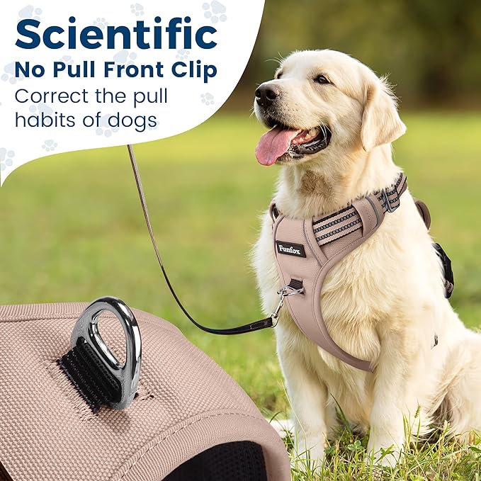 Funfox Dog Harness No Pull, Adjustable Pet Vest Harness, Super Soft Material with Vertical Handle Easy Control, Reflective Night Walking, 2 Leash Clips for XLarge Dogs, Brown, XL