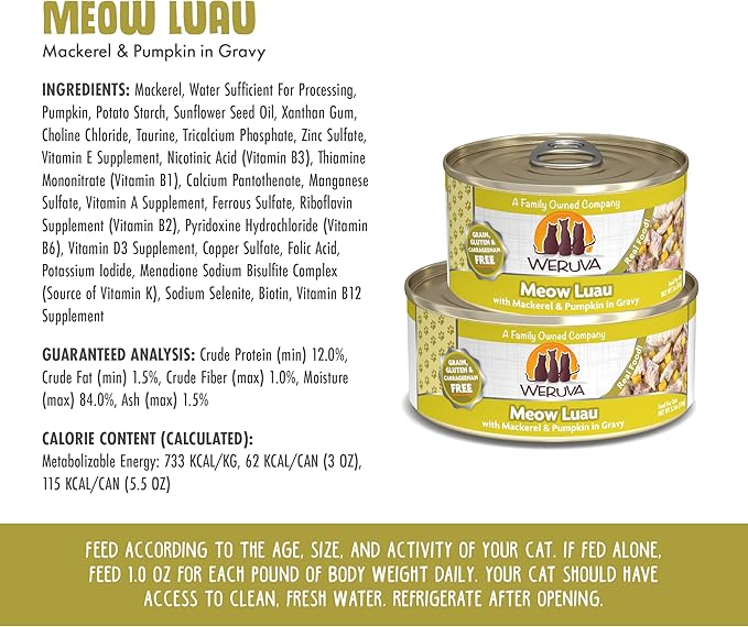 Weruva Classic Cat Food, Meow Luau with Mackerel & Pumpkin in Gravy, 5.5oz Can (Pack of 24)