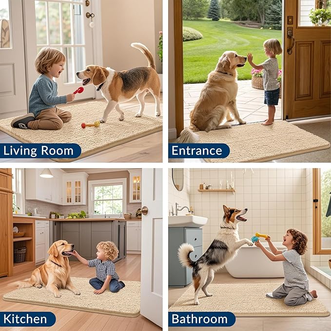 Smiry Dog Door Mat for Muddy Paws 48x30, Absorbs Moisture and Dirt Doormat, Non-Slip Washable Quick Dry Chenille Front Door Mat Indoor Entrance, Entryway Carpet for Inside Floor, Beige