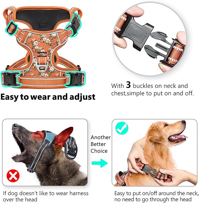 Timos Dog Harness, No Pull Dogs Harness 3 Snap Buckles Adjustable Reflective No Choke Pet Vest for Small Dog with Soft Padded Control Training Handle for Outdoor Training,Flower Orange, S
