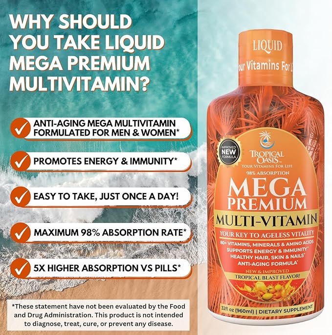 Mega Premium Liquid Multivitamin | Natural Immune Support Vitamin w/ 1333% Vitamin C, 200% D3, Zinc + 20 Vitamins, 70 Minerals, & 21 Amino Acids | Sugar Free | Orange Flavor | 98% Absorption | 32 Serv