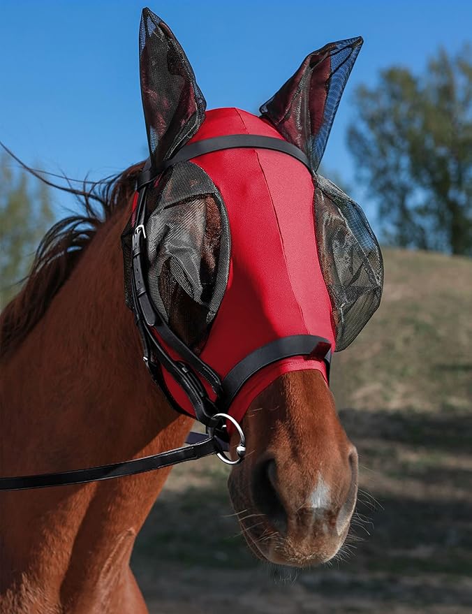 Horse Fly Mask with Ears, UV Protection Mask for Horses, Elasticity Mask with Big Mesh Eye Covers, Snug Fitting Comfortable Breathable Lightweight Rose Red Full Size