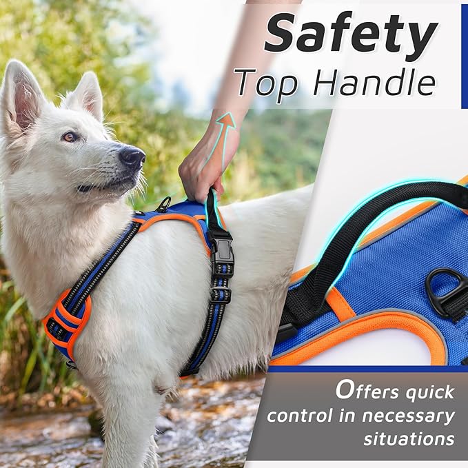 Eagloo Dog Harness for Large Dogs, No Pull Service Vest with Reflective Strips and Control Handle, Adjustable and Comfortable for Walking, No Choke Pet Harness with 2 Metal Rings, Blue & Orange, XL