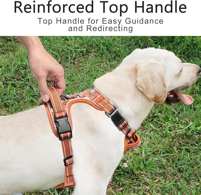 Timos Dog Harness for Medium Dogs, No Pull Service Vest with Reflective Strips and Control Handle,No Choke Dog Harness with 2 Metal Rings for Easy Walking,Outdoor Training,Flower Orange, M
