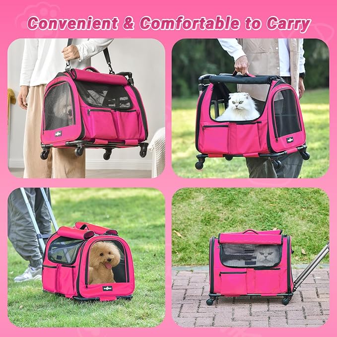 Large Pet Carrier with Wheels, Foldable Rolling Dog Carrier with Big Pocket, Cat Rolling Bag 21"x13"x13"for 2 Cats &Dogs, Use for Travel, Outdoor, Vet Visits, Camping, Indoor. Pink