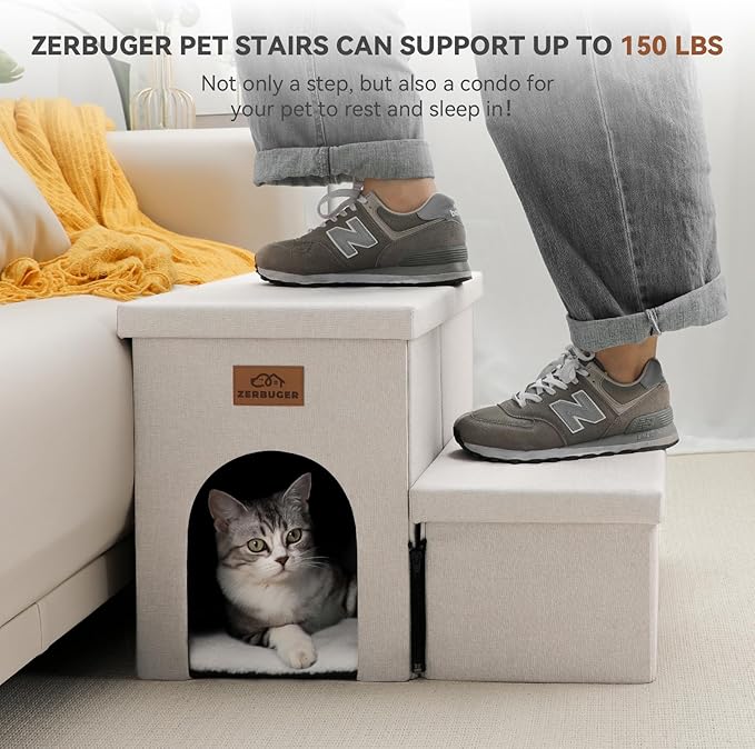 Dog Stairs with Condo 15" H, 2-Step Wider Dog Steps for Small/Medium/Large Old Dogs Cats, Folding Sturdy Storage Pet Stairs Climbing Bed Couch, Ramp for Car Hold Up to 150 lbs, Beige