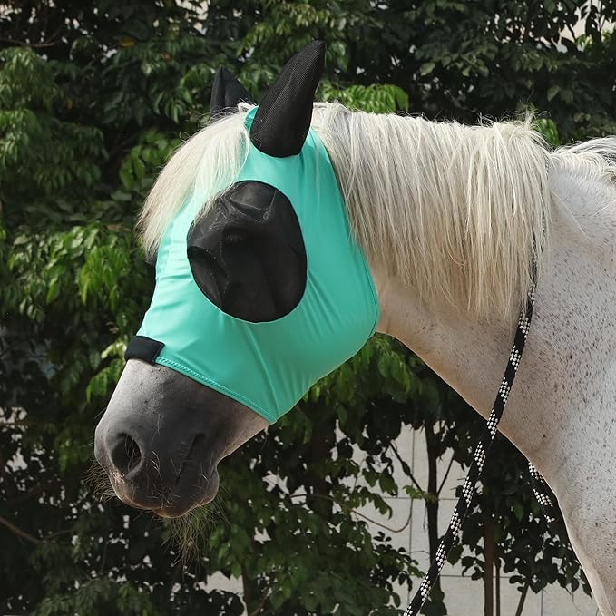 Horse Fly Mask with Ears - Large Eye Space for Full Vision, Breathable Stretch Comfort Fit, UV Protection, Forelock Opening, Easy Pull-On Green Pony