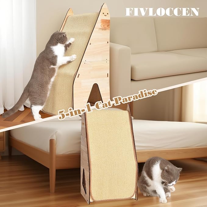 24in Multi-Functional Cat Furniture: Sisal Scratching Posts & Sturdy 3D Wood Frame for Indoor Cats, Integrated Cat Condo Hideout Tunnel All-in-One Space Saver for Multi-Cat & Budget-Friendly