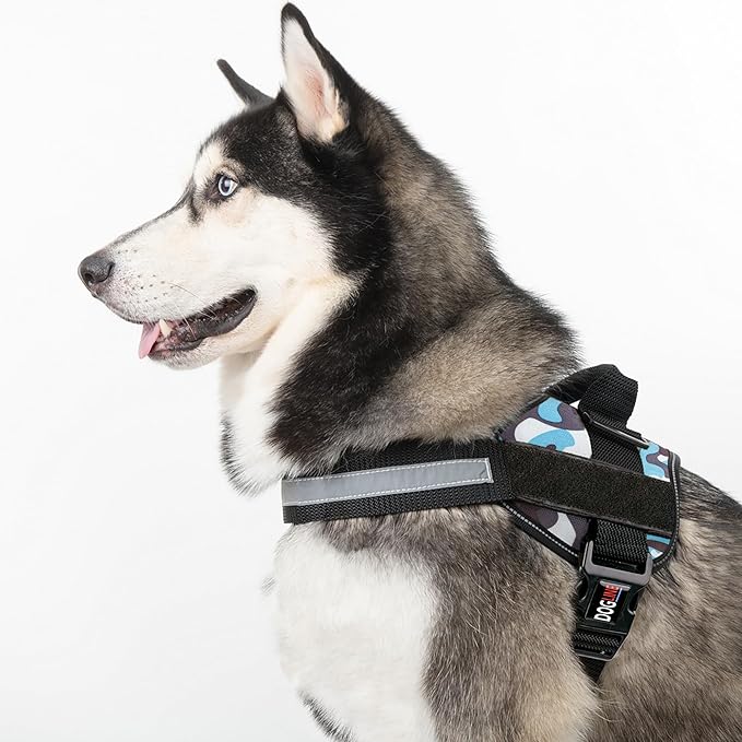 Dogline Dog Harness, Reflective No-Pull Adjustable Vest with Handle for Walking, Training, Breathable, No - Choke Harness for Small, Medium or Large Dogs Room for Patches Girth 22"-28" in Blue Camo